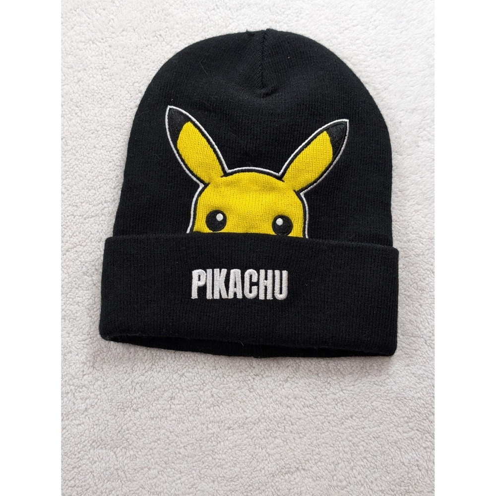 Pokemon Pikachu‎ Black Cuffed Beanie Embroidered Knit Hat One Size